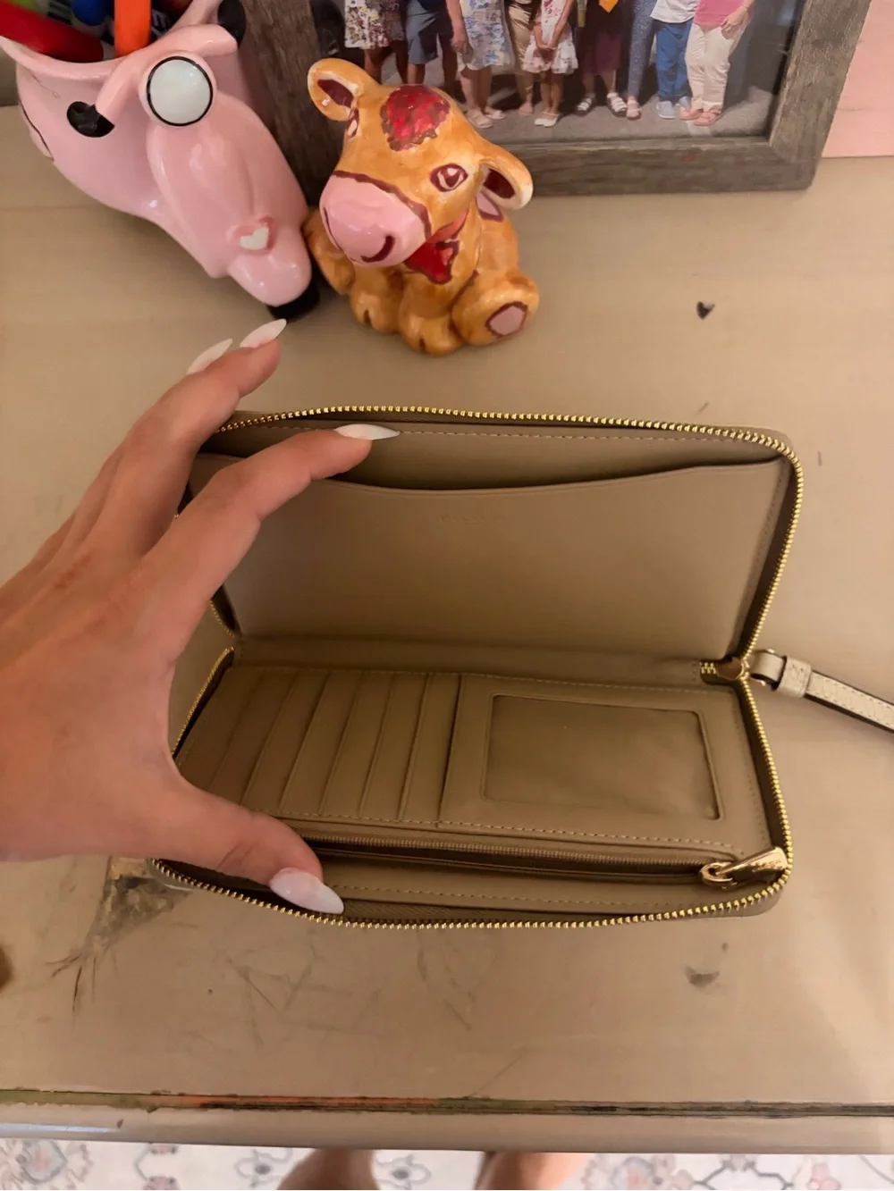 Coach Beige Signature Zip Wallet with Pink Stripe